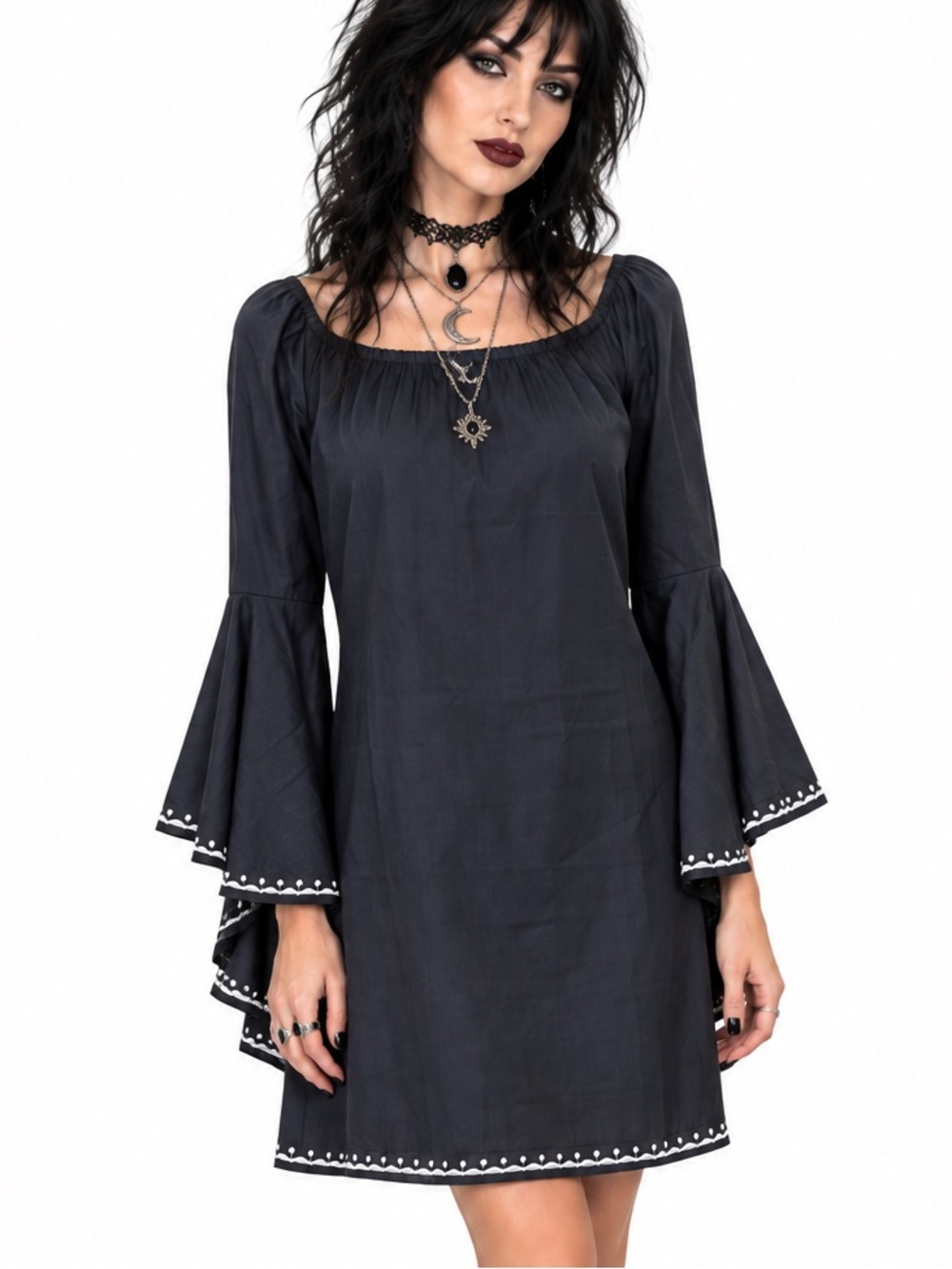 Union of Angels Black BOHO Classic Bell Sleeve Off-Shoulder Dress XS